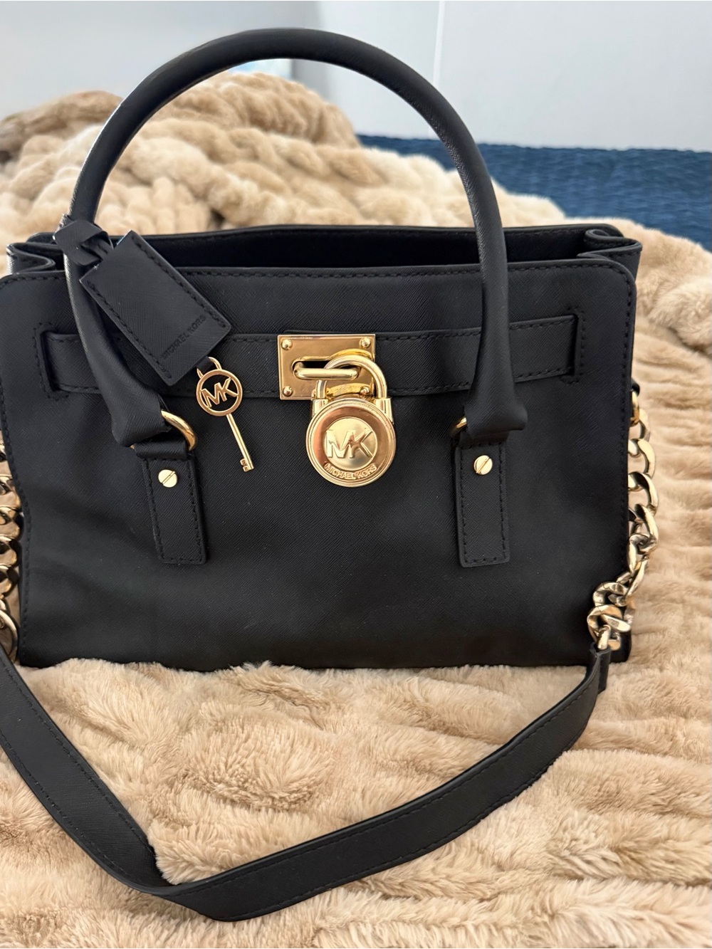 Michael Kors Hamilton Black Saffiano Leather Satchel Gold Lock & Key